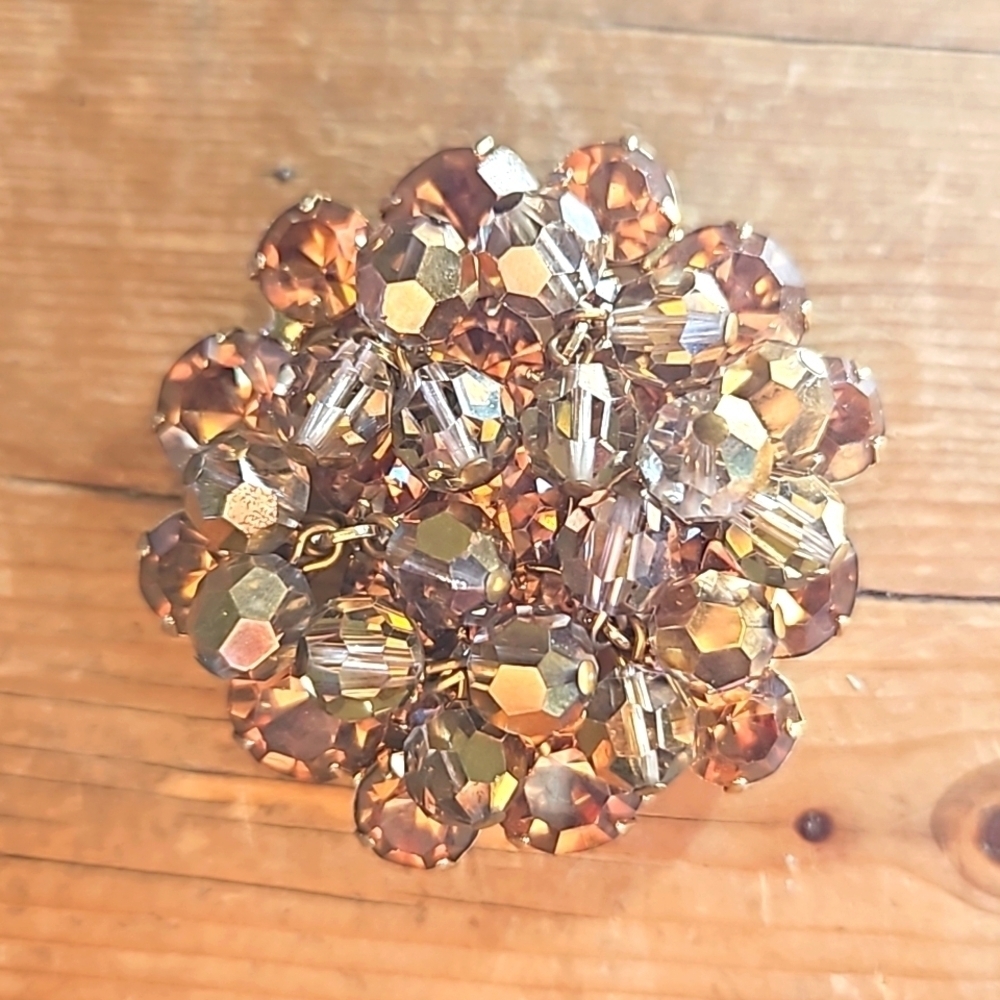 Vintage Gold Rhinestone and Crystal Beaded Brooch